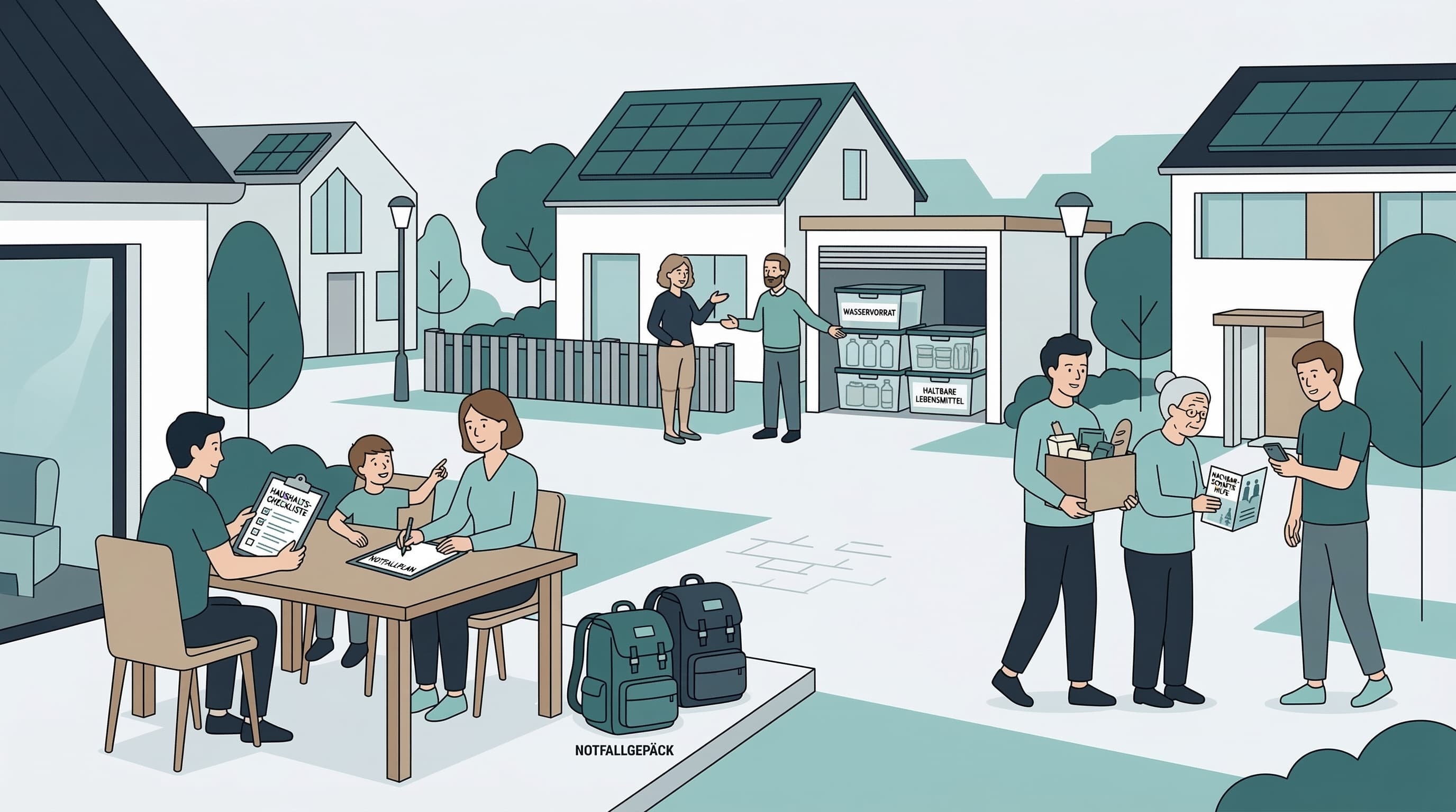 Nachbarschaft bei der gemeinsamen Notfallvorsorge – Familien planen am Tisch, organisieren Vorräte und bereiten sich strukturiert vor