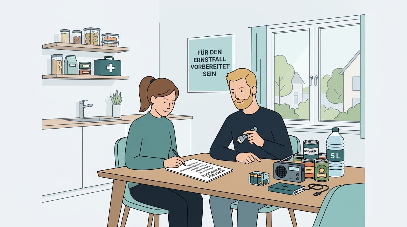 Taschenlampe und Notfallausrüstung auf einem Tisch – Blackout Checkliste