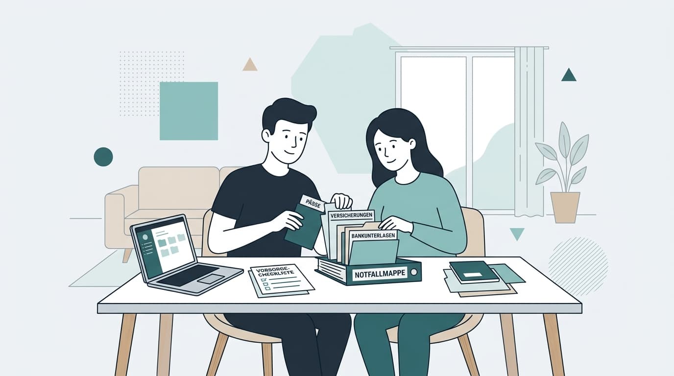Ordner mit wichtigen Dokumenten wie Personalausweis, Versicherungsunterlagen und Notfallkontakten übersichtlich abgeheftet