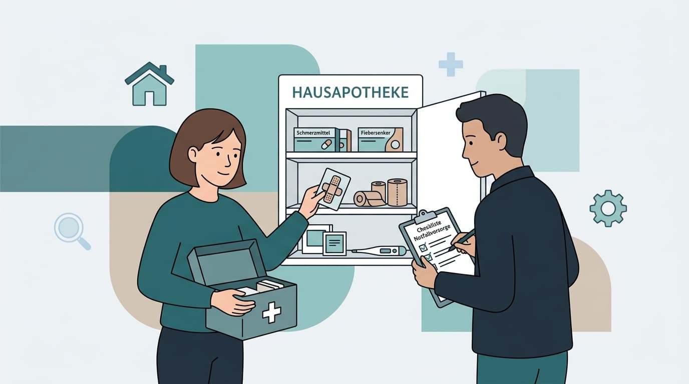 Geöffnete Hausapotheke mit Verbandsmaterial, Fieberthermometer und Medikamenten übersichtlich sortiert