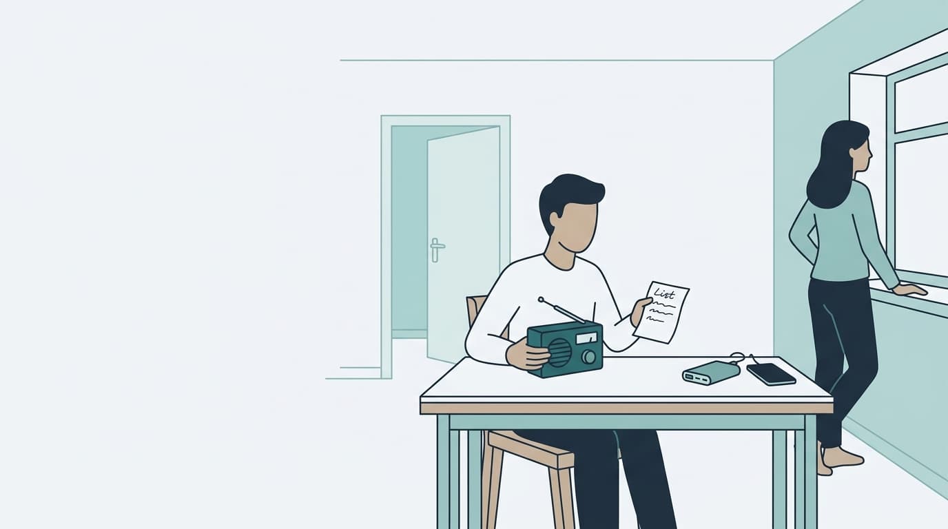 Person hält ein batteriebetriebenes Kurbelradio in den Händen, während im Hintergrund ein dunkles Wohnzimmer ohne Beleuchtung zu sehen ist