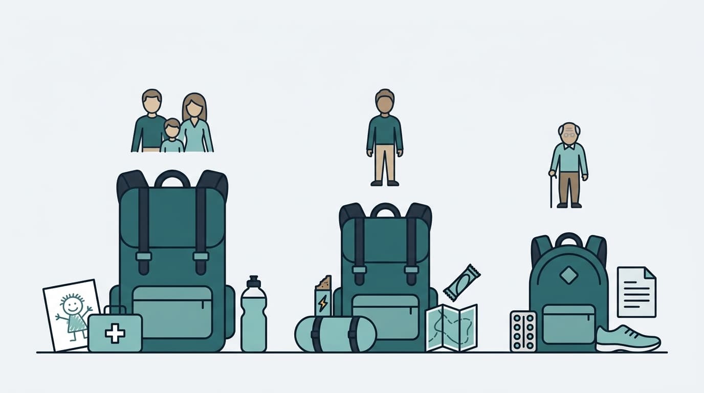 Drei Notfallrucksäcke unterschiedlicher Größe nebeneinander, gepackt mit Wasser, Dokumenten und Notgepäck – symbolisiert unterschiedliche Bedürfnisse von Familien, Singles und Senioren.