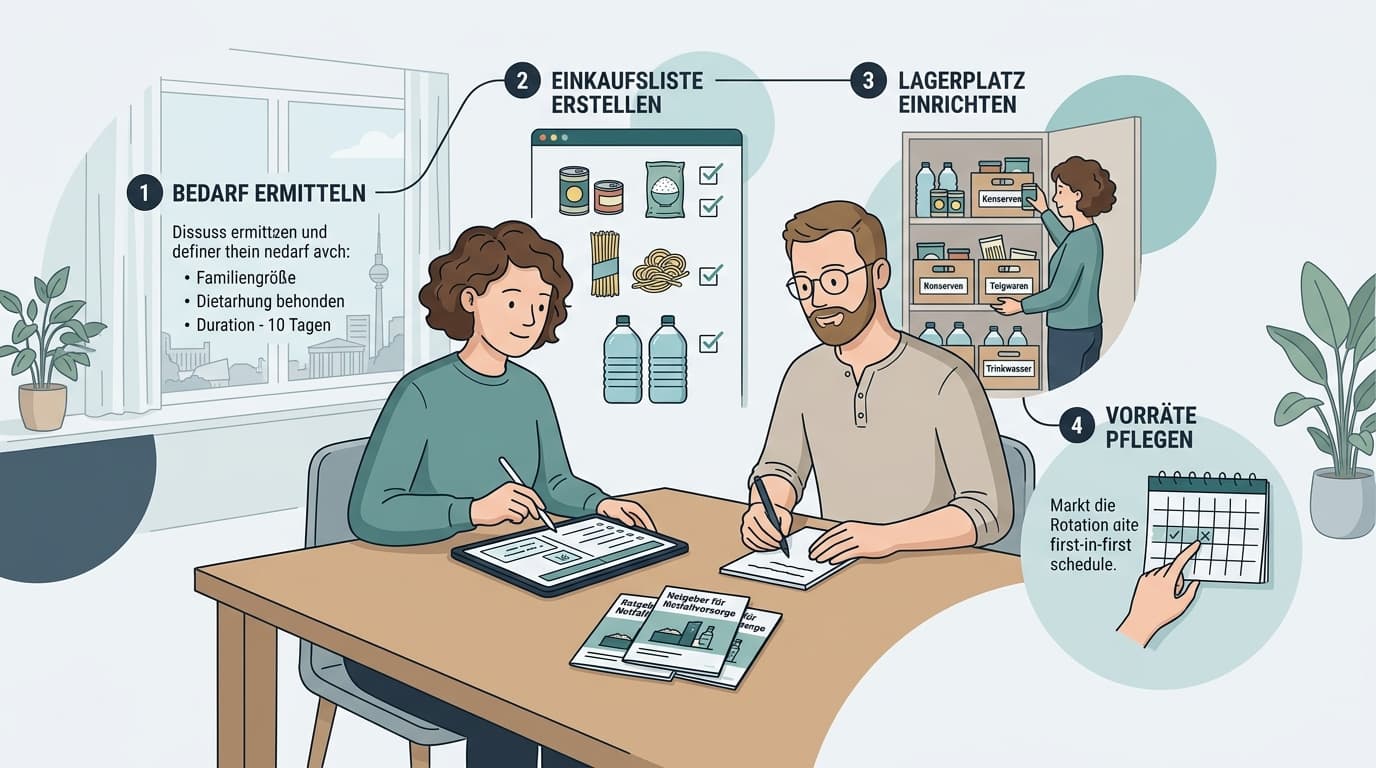 Gut sortierter Vorratsschrank mit Konserven, Nudeln und Wasserflaschen als geordneter Haushaltsvorrat