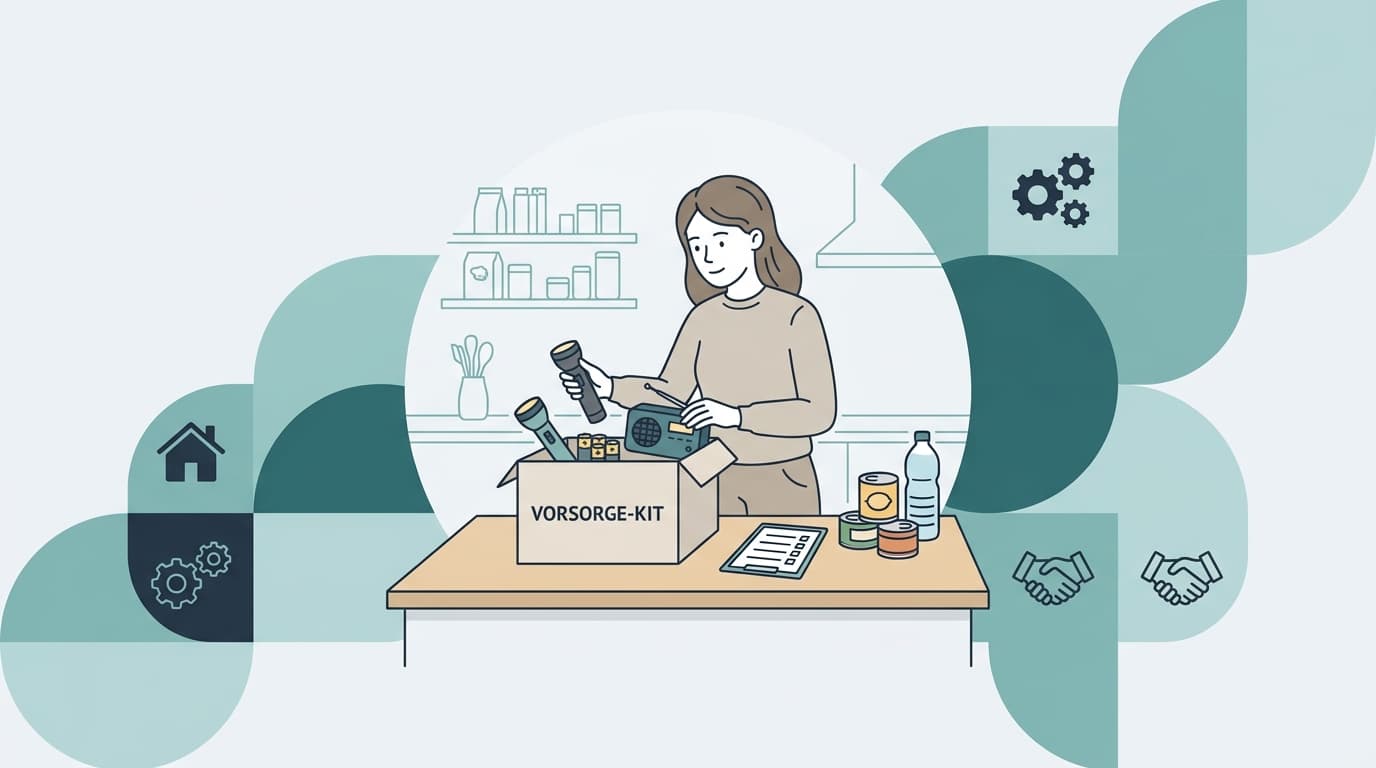 Taschenlampe, Kerzen und Konservendosen auf einem Küchentisch – Stromausfall-Vorbereitung