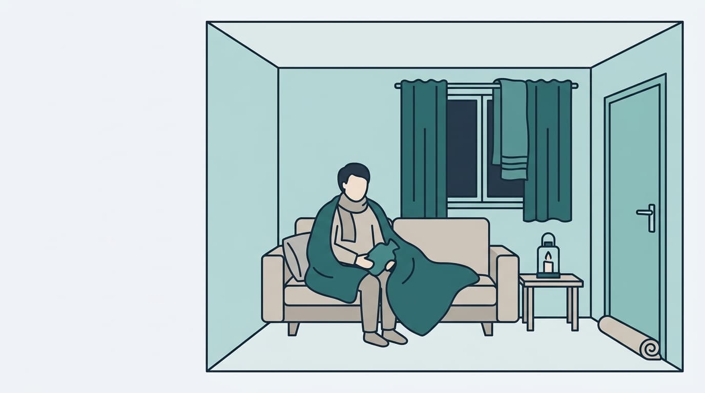 Gemütliches Wohnzimmer mit Decken, Kerzen und geschlossenen Fenstern als Schutz gegen Kälte bei Stromausfall