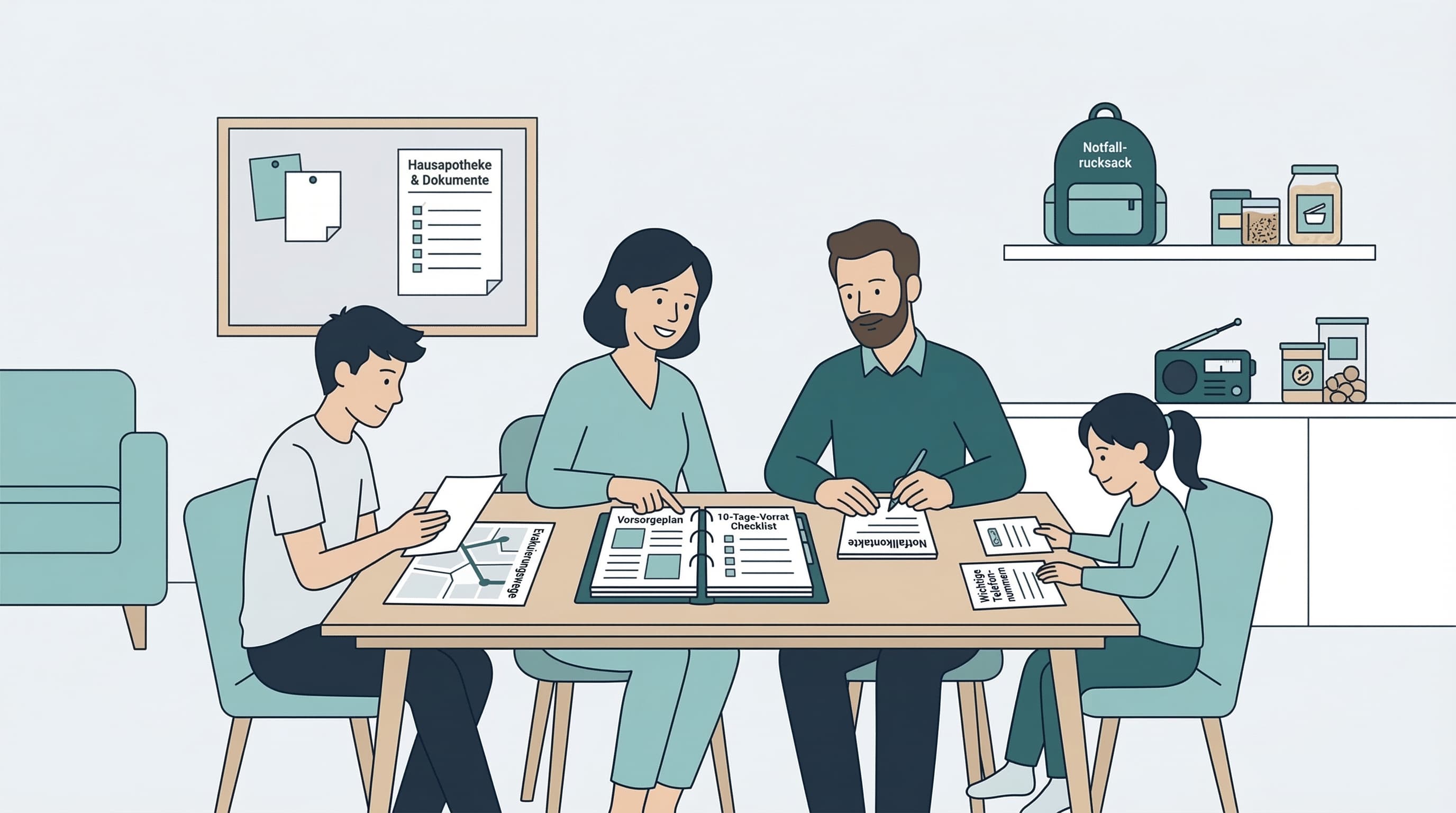 Familie und Nachbarschaft planen gemeinsam Notvorrat und Krisenvorsorge in ruhiger Atmosphäre