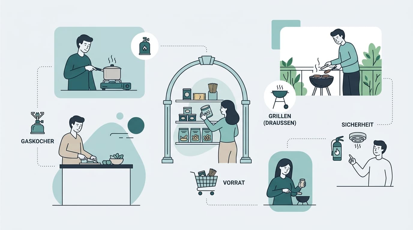 Campingkocher mit Topf auf einem Küchentisch – Kochen ohne Strom beim Blackout