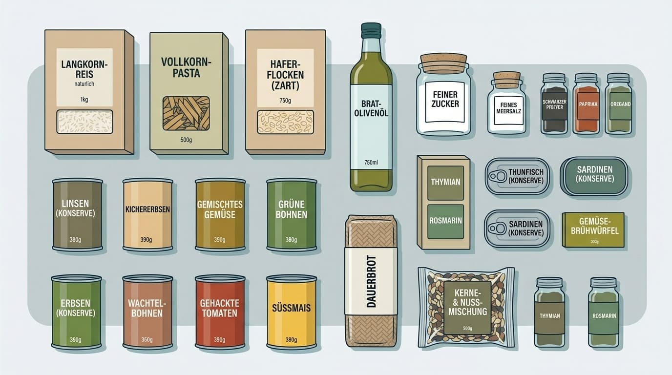 Krisenvorsorge-Ausrüstung im Knolling-Stil: Taschenlampe, Wasserflaschen, Konserven, Erste-Hilfe-Set und weitere Notfallgegenstände ordentlich angeordnet