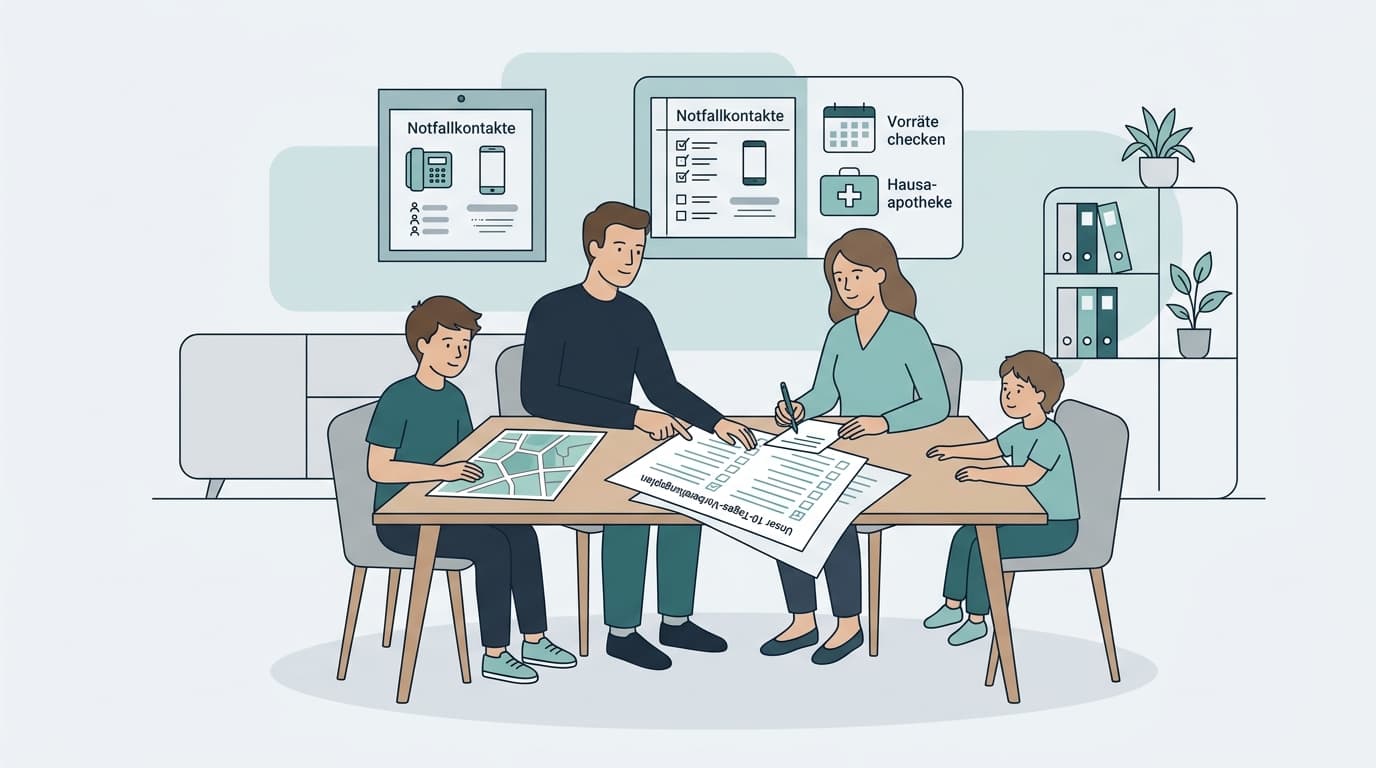 Familiennotvorrat im Überblick: Lebensmittel, Wasser und Hygieneartikel übersichtlich angeordnet für die Familienvorsorge